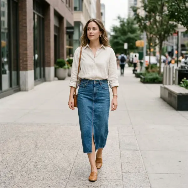 Rok denim midi berpotongan lurus yang dipadukan dengan atasan minimalis