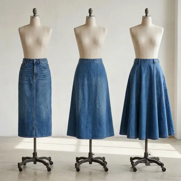 Perbandingan siluet rok denim lurus, melebar, dan bervolume dalam tampilan studio