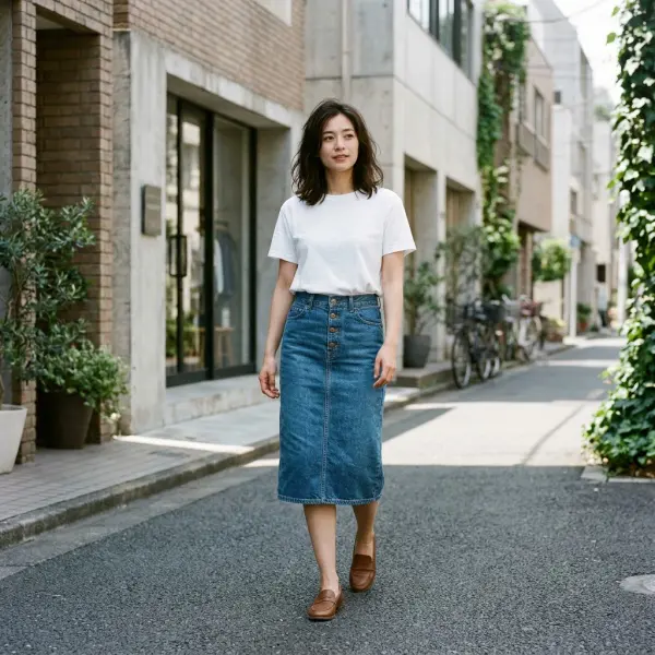 Perempuan mengenakan rok denim dalam gaya kasual modern dengan padu padan atasan sederhana