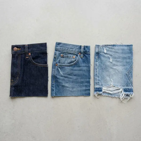 Perbedaan karakter rok denim indigo gelap, biru pudar, dan efek washed