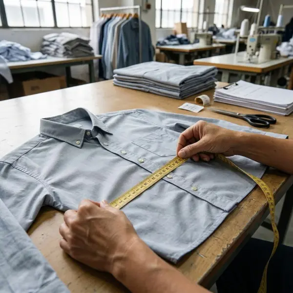 Garment quality inspector checking placket alignment and button placement on a finished woven shirt