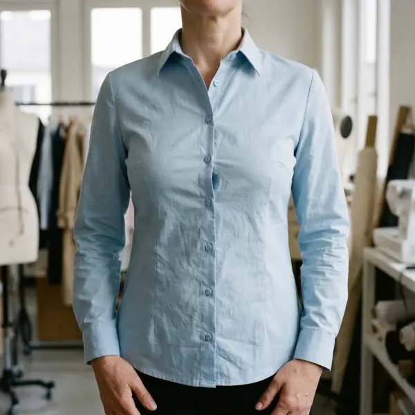 Close-up of a fitted woven blouse showing slight gaping between buttons across the chest during a garment fitting