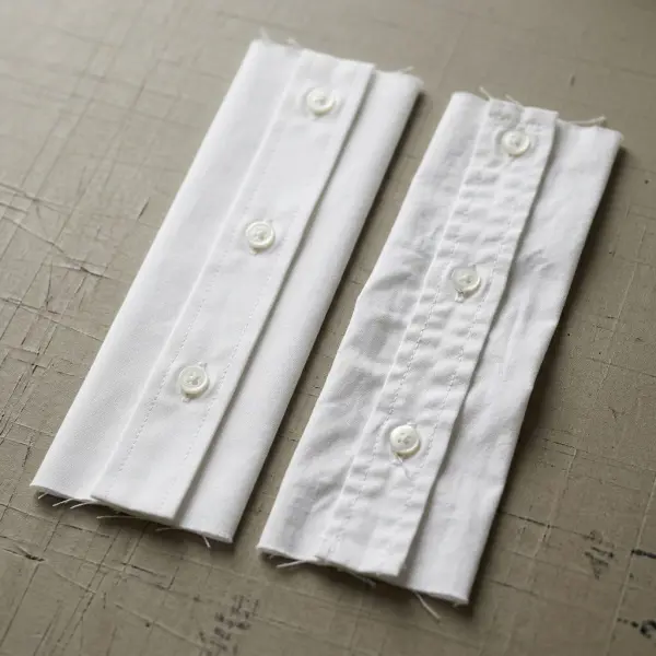 Close-up comparison of a correctly sewn shirt placket and a defective placket showing puckering and uneven stitching