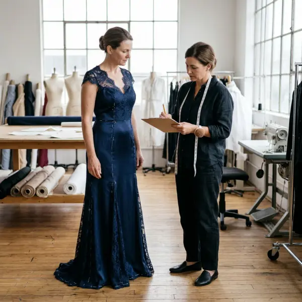 Penjahit mencatat hasil evaluasi fitting gown untuk memastikan revisi ukuran dan proporsi dilakukan secara terarah