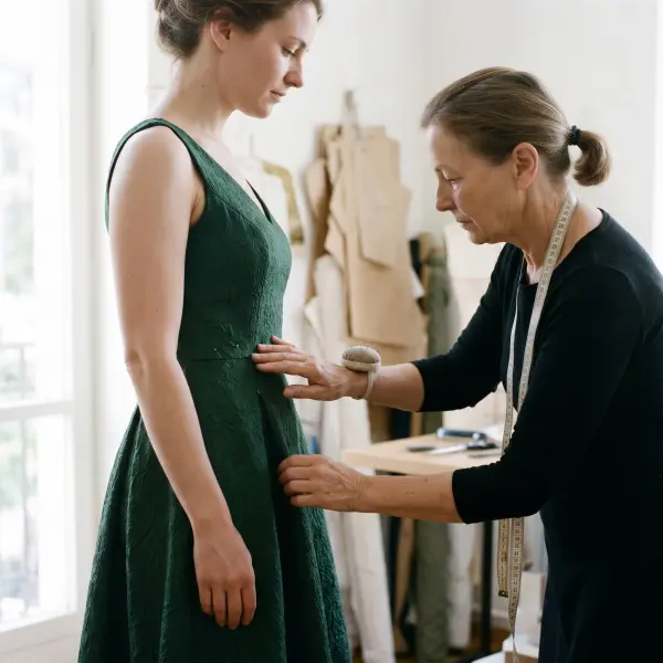 Penjahit mengevaluasi posisi garis pinggang dan kesesuaian badan gown saat fitting