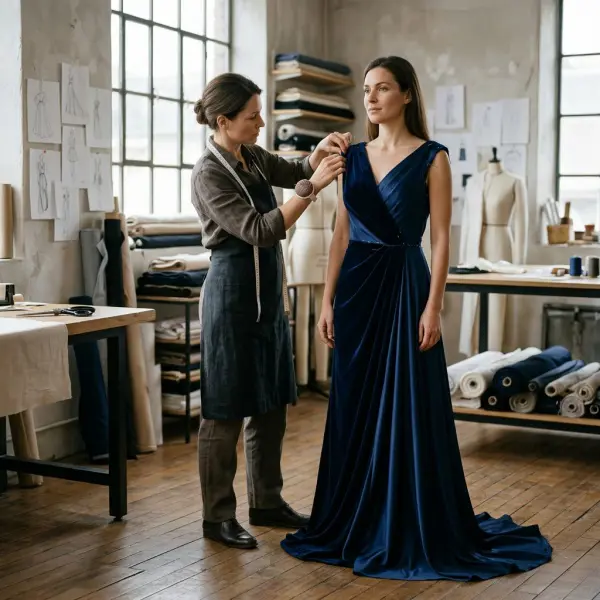 Penjahit memeriksa posisi jahitan bahu dan kesesuaian badan atas gown saat fitting