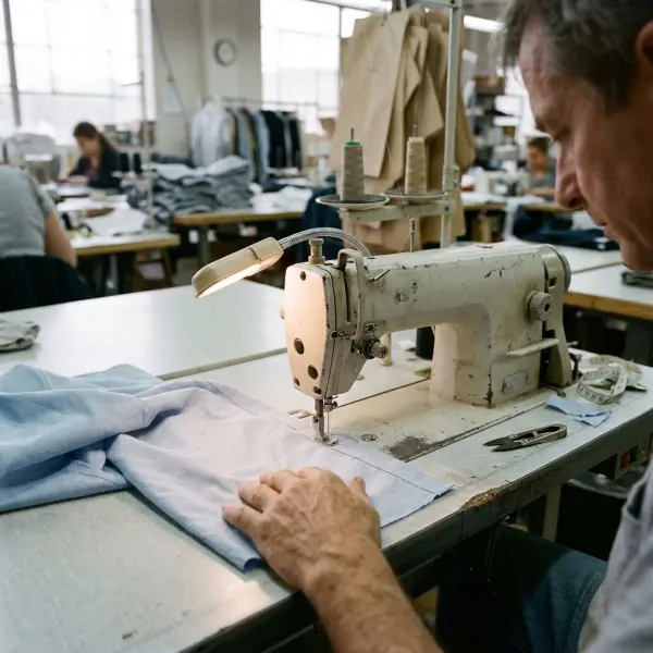 Garment sewing operator constructing a shirt front placket using an industrial sewing machine