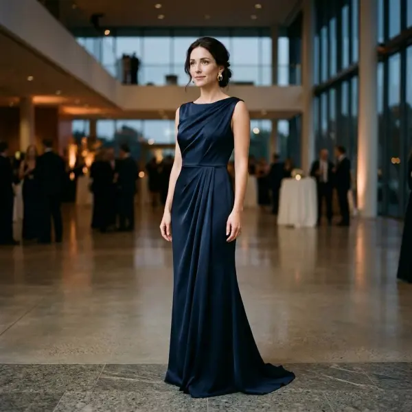 Gown modern dengan siluet elegan dan detail minimalis untuk acara formal