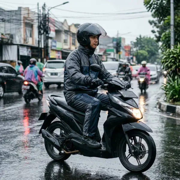 Pengendara sepeda motor menggunakan jas hujan saat menempuh perjalanan di jalan perkotaan yang basah Pengendara sepeda motor menggunakan jas hujan saat menempuh perjalanan di jalan perkotaan yang basah