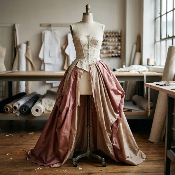 Sampel gown formal yang memperlihatkan hubungan pola badan dan bentuk rok dalam konstruksi busana