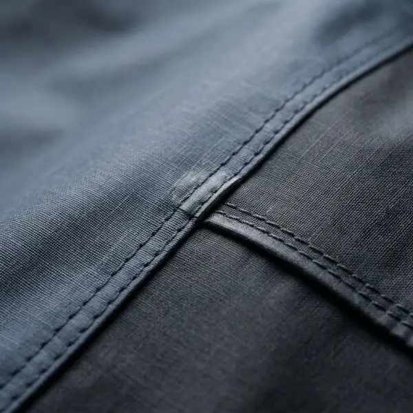 Detail sambungan jahitan pada kain jas hujan berlapis yang memperlihatkan garis jahitan dan struktur material