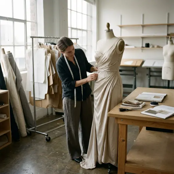 Tim desain fashion mengevaluasi sampel gown dan material untuk pengembangan koleksi formal