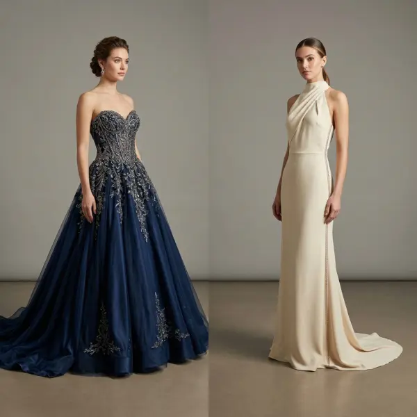 Perbandingan siluet gown formal klasik dan gown modern dengan pendekatan desain yang berbeda