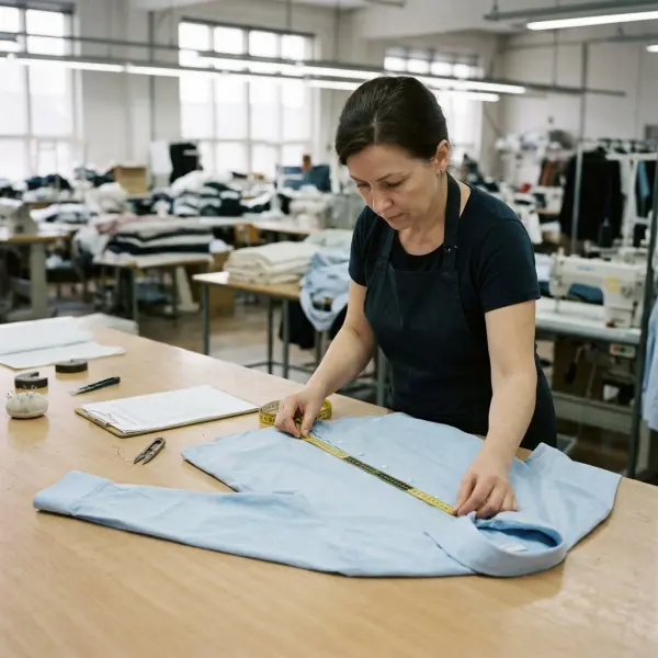 Garment quality inspector checking alignment and construction accuracy on a finished shirt front and sleeve placket Garment quality inspector checking alignment and construction accuracy on a finished shirt front and sleeve placket