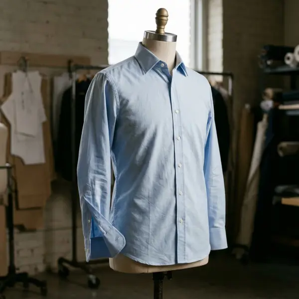 Tailored woven shirt showing a straight center-front button placket and a carefully constructed cuff opening