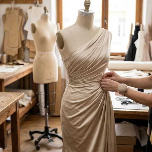Teknik draperi pada kain gown untuk membentuk lipatan dan aliran material