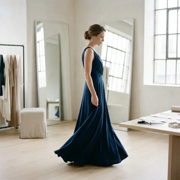 Pemakai gown melakukan uji gerak saat fitting untuk mengevaluasi kenyamanan bahu, pinggang, dan panjang rok