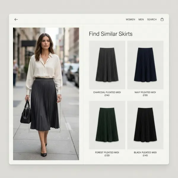 Fashion image search interface showing a selected pleated skirt in a complete outfit photograph and matching skirts beside it