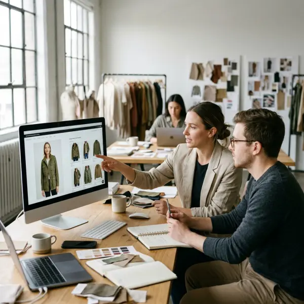 Fashion ecommerce team reviewing product search relevance and pilot testing results during a merchandising meeting Fashion ecommerce team reviewing product search relevance and pilot testing results during a merchandising meeting