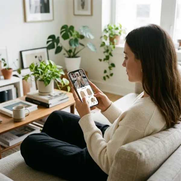 Online fashion shopper using a smartphone image search interface to find a similar beige blazer Online fashion shopper using a smartphone image search interface to find a similar beige blazer