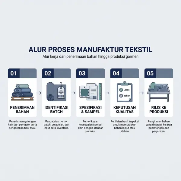 Alur pengendalian konsistensi bahan kaos PE dari penerimaan kain hingga persetujuan produksi Alur pengendalian konsistensi bahan kaos PE dari penerimaan kain hingga persetujuan produksi