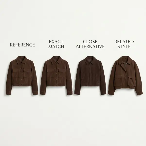 Comparison diagram showing one reference jacket beside an exact product match, a close visual alternative, and a related style