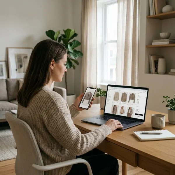 Fashion shopper comparing a reference image of a cropped blazer with visually similar products in an online fashion store