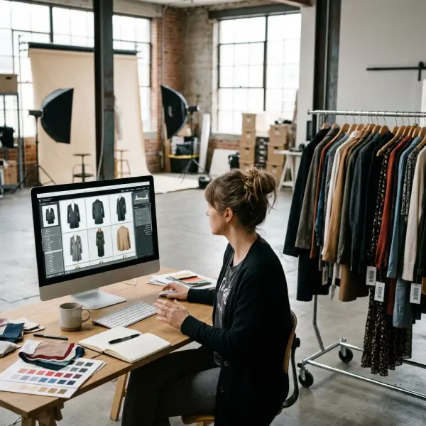 Fashion ecommerce team organizing multiple product photographs and garment details for visual search indexing Fashion ecommerce team organizing multiple product photographs and garment details for visual search indexing
