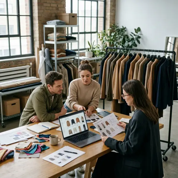 Ecommerce merchandising team reviewing product photography, inventory information, and visually related clothing results