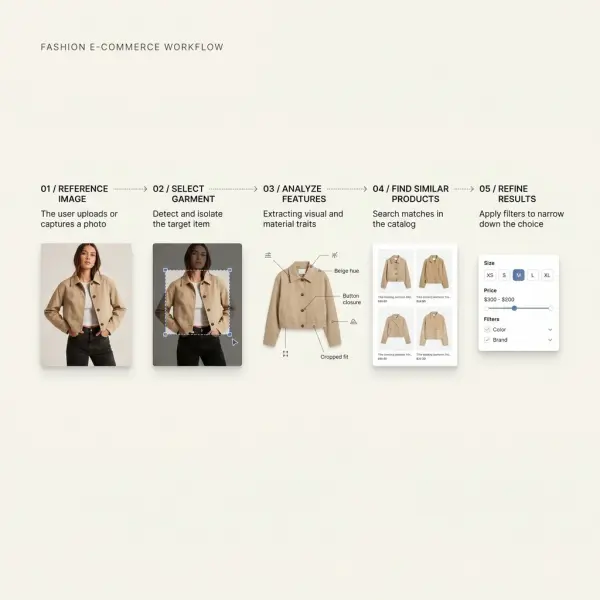 Workflow showing how a fashion reference image is cropped, analyzed, matched with catalog products, and refined by shopping filters