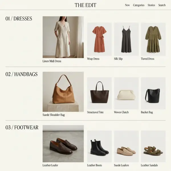 Fashion ecommerce product discovery showing similar dresses, handbags, and footwear across different retail categories