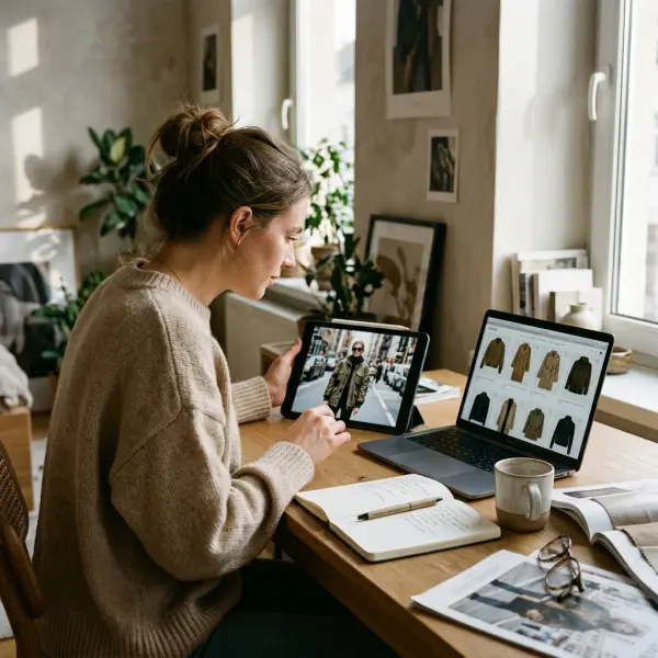 Shopper comparing a fashion inspiration photograph with a selection of similar jackets in an online clothing catalog Shopper comparing a fashion inspiration photograph with a selection of similar jackets in an online clothing catalog
