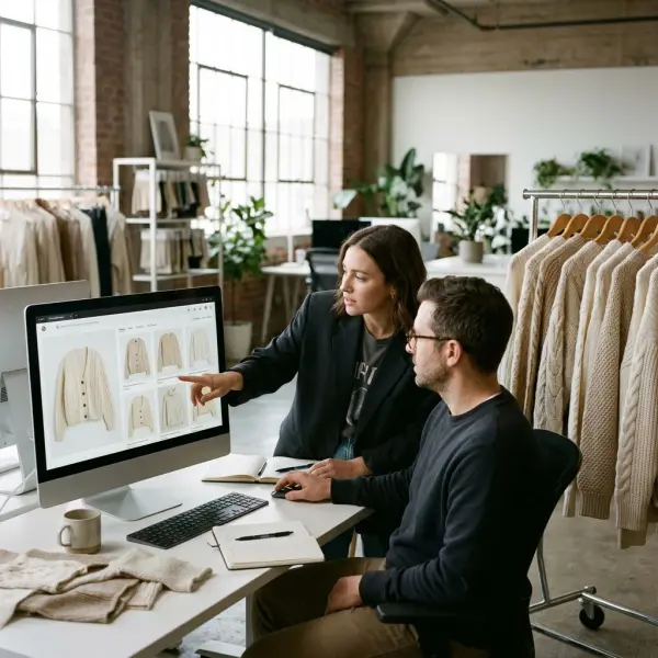Fashion ecommerce merchandising team comparing reference garment photographs with AI-generated similar-product search results