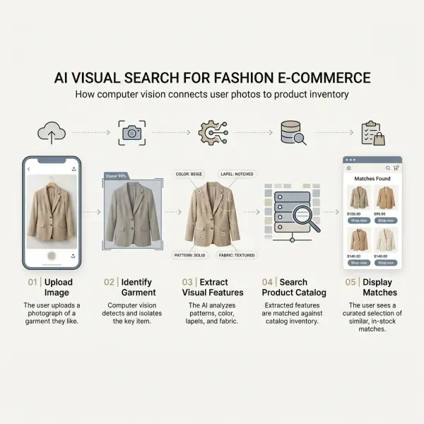 Simple workflow showing how an uploaded fashion photograph becomes a ranked list of visually similar clothing products Simple workflow showing how an uploaded fashion photograph becomes a ranked list of visually similar clothing products