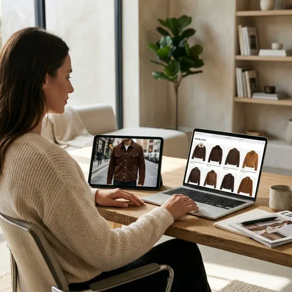 Fashion shopper using a reference photograph of a brown suede jacket to discover similar jackets in an ecommerce catalog