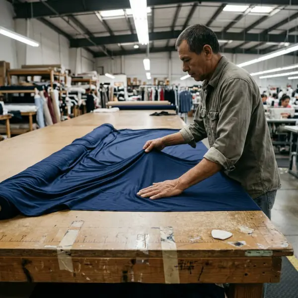 Petugas quality control memeriksa permukaan kain polyester jersey sebelum kain dipotong untuk produksi kaos Petugas quality control memeriksa permukaan kain polyester jersey sebelum kain dipotong untuk produksi kaos