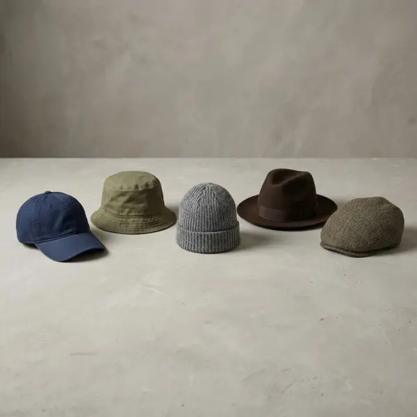Beragam jenis topi pria berupa baseball cap, bucket hat, beanie, fedora, dan flat cap dengan bentuk berbeda Beragam jenis topi pria berupa baseball cap, bucket hat, beanie, fedora, dan flat cap dengan bentuk berbeda