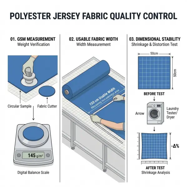 Lembar kontrol mutu bahan kaos PE yang mencatat gramasi, lebar kain, dan hasil uji stabilitas dimensi Lembar kontrol mutu bahan kaos PE yang mencatat gramasi, lebar kain, dan hasil uji stabilitas dimensi