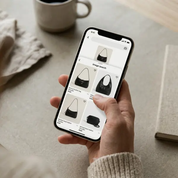 Close-up of a mobile fashion shopping app showing visual search results for a black handbag Close-up of a mobile fashion shopping app showing visual search results for a black handbag