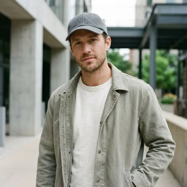 Baseball cap berwarna netral dipadukan dengan jaket kasual dan pakaian bertekstur sederhana Baseball cap berwarna netral dipadukan dengan jaket kasual dan pakaian bertekstur sederhana