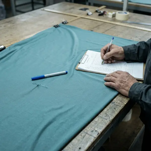 Petugas menandai dan mencatat lokasi cacat pada kain polyester jersey sebelum bahan dilepas ke bagian pemotongan Petugas menandai dan mencatat lokasi cacat pada kain polyester jersey sebelum bahan dilepas ke bagian pemotongan