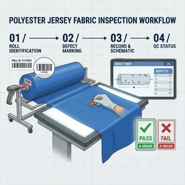 Catatan inspeksi bahan kaos PE yang menghubungkan jenis cacat, lokasi temuan, nomor gulungan, dan keputusan quality control Catatan inspeksi bahan kaos PE yang menghubungkan jenis cacat, lokasi temuan, nomor gulungan, dan keputusan quality control