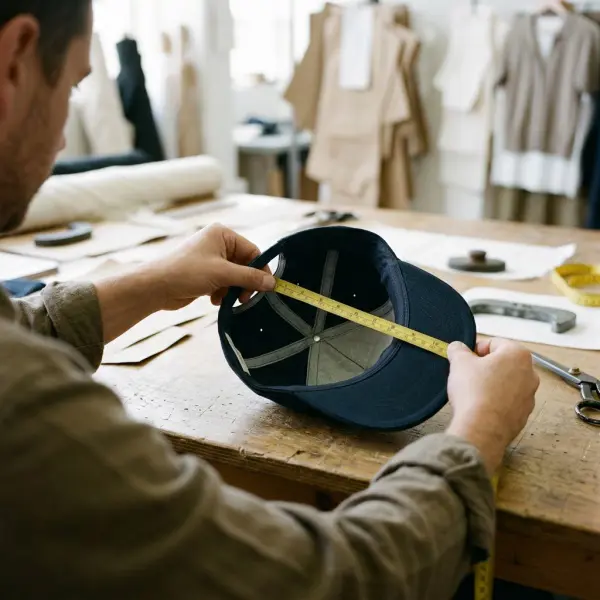 Pemeriksaan dimensi bagian dalam topi pria untuk memastikan konsistensi ukuran produk jadi Pemeriksaan dimensi bagian dalam topi pria untuk memastikan konsistensi ukuran produk jadi