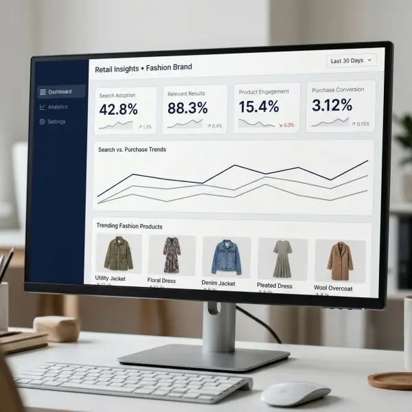 Fashion ecommerce analytics dashboard showing visual search adoption, product discovery relevance, conversion, and search performance