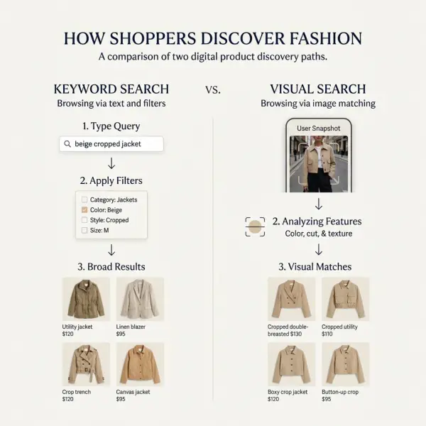 Diagram comparing traditional keyword-led shopping with image-based fashion product discovery